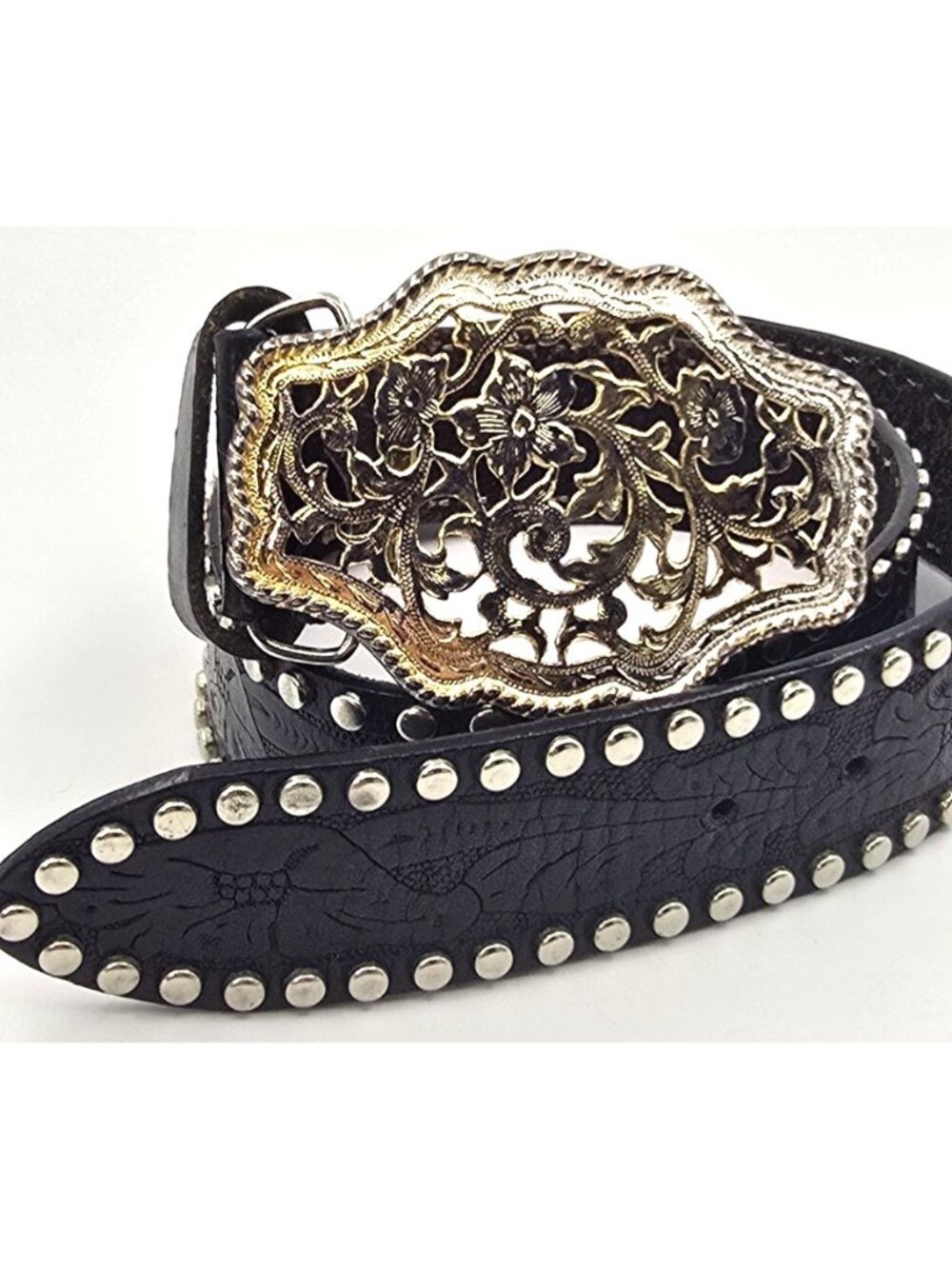 Express Black Leather Belt Studded Tooled Floral Western Buckle Y2K Boho Rock M
